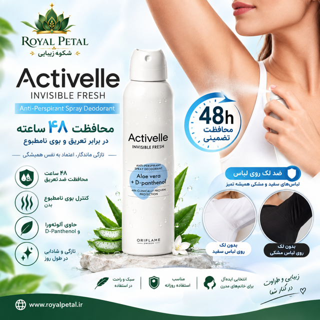 اسپری دئودورانت (ضدتعریق) اکتیول اینویسیبل فرش (ضدلک - مناسب لباس مشکی و سفید)